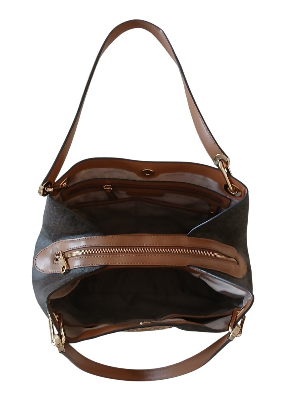 NWOT MICHAEL KORS Raven Large Signature Tote Grommets Studs Brown Tan Luxury - Picture 6 of 13